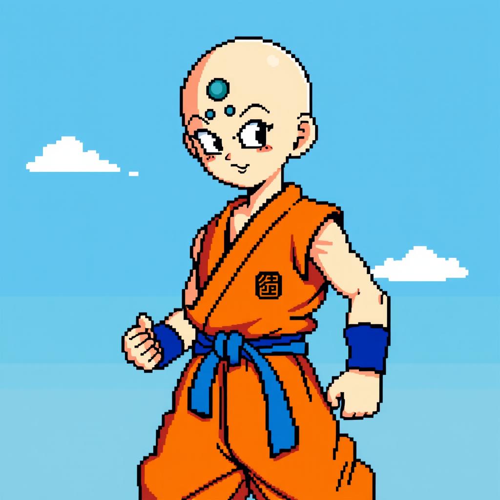 Krillin from Dragon Ball depicted in 8-bit pixel art style, standing in a battle-ready pose with his iconic monk-style bald head and six dots on his forehead, wearing his traditional orange martial arts gi with a blue belt and wristbands, set against a simple blue sky backdrop with a few white clouds to enhance the retro look