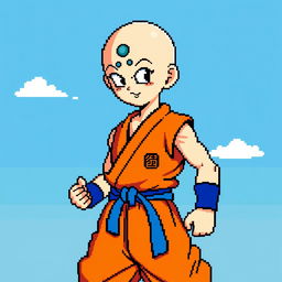 Krillin from Dragon Ball depicted in 8-bit pixel art style, standing in a battle-ready pose with his iconic monk-style bald head and six dots on his forehead, wearing his traditional orange martial arts gi with a blue belt and wristbands, set against a simple blue sky backdrop with a few white clouds to enhance the retro look