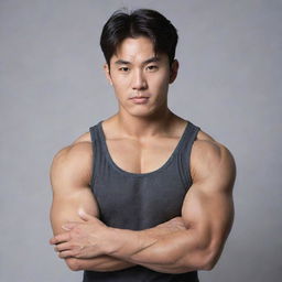 A young Korean man displaying his large, bulging biceps, his youthful face filled with a confident, motivated expression.