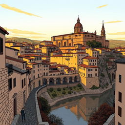 stylized drawing of the city of Toledo, capturing its historic charm with medieval architecture, the iconic Alcázar, and winding cobblestone streets