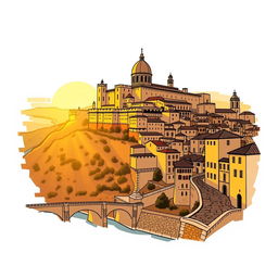 stylized drawing of the city of Toledo, capturing its historic charm with medieval architecture, the iconic Alcázar, and winding cobblestone streets