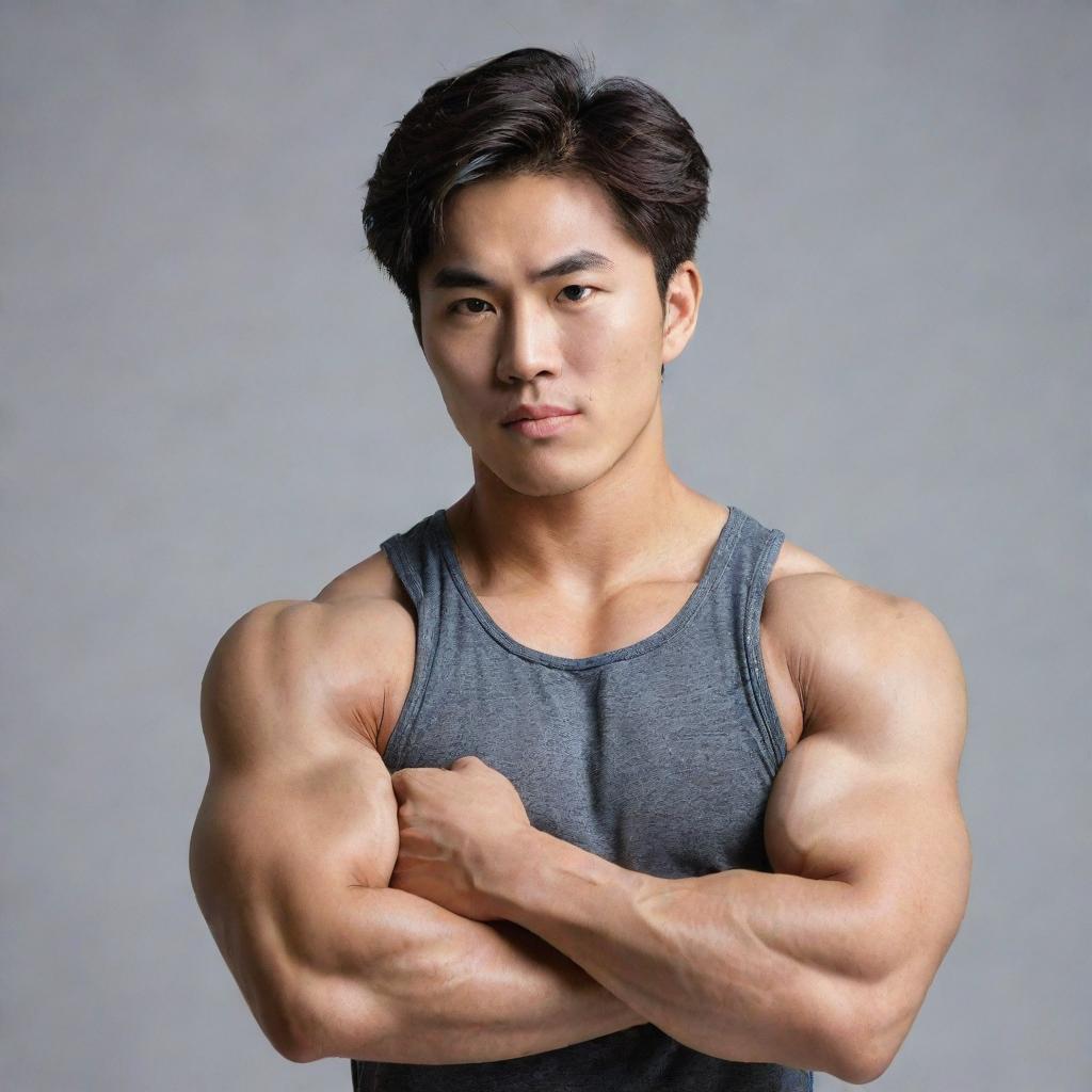 A young Korean man displaying his large, bulging biceps, his youthful face filled with a confident, motivated expression.