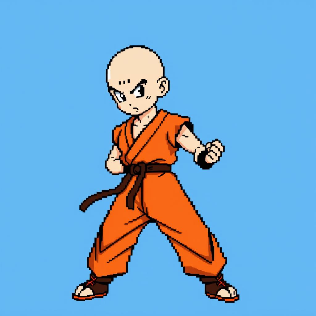 Krillin from Dragon Ball Z standing in a fighting pose, depicted in classic pixel art style with a retro 8-bit appearance