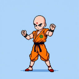 Krillin from Dragon Ball Z standing in a fighting pose, depicted in classic pixel art style with a retro 8-bit appearance