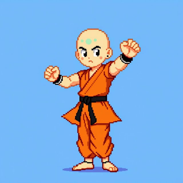 Krillin from Dragon Ball Z standing in a fighting pose, depicted in classic pixel art style with a retro 8-bit appearance