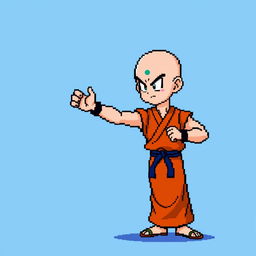 Krillin from Dragon Ball Z standing in a fighting pose, depicted in classic pixel art style with a retro 8-bit appearance