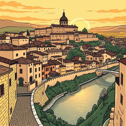 stylized drawing of the city of Toledo, capturing its historic charm with medieval architecture, the iconic Alcázar, and winding cobblestone streets