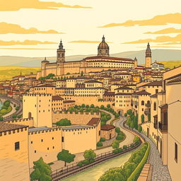 stylized drawing of the city of Toledo, capturing its historic charm with medieval architecture, the iconic Alcázar, and winding cobblestone streets