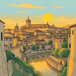 stylized drawing of the city of Toledo, capturing its historic charm with medieval architecture, the iconic Alcázar, and winding cobblestone streets