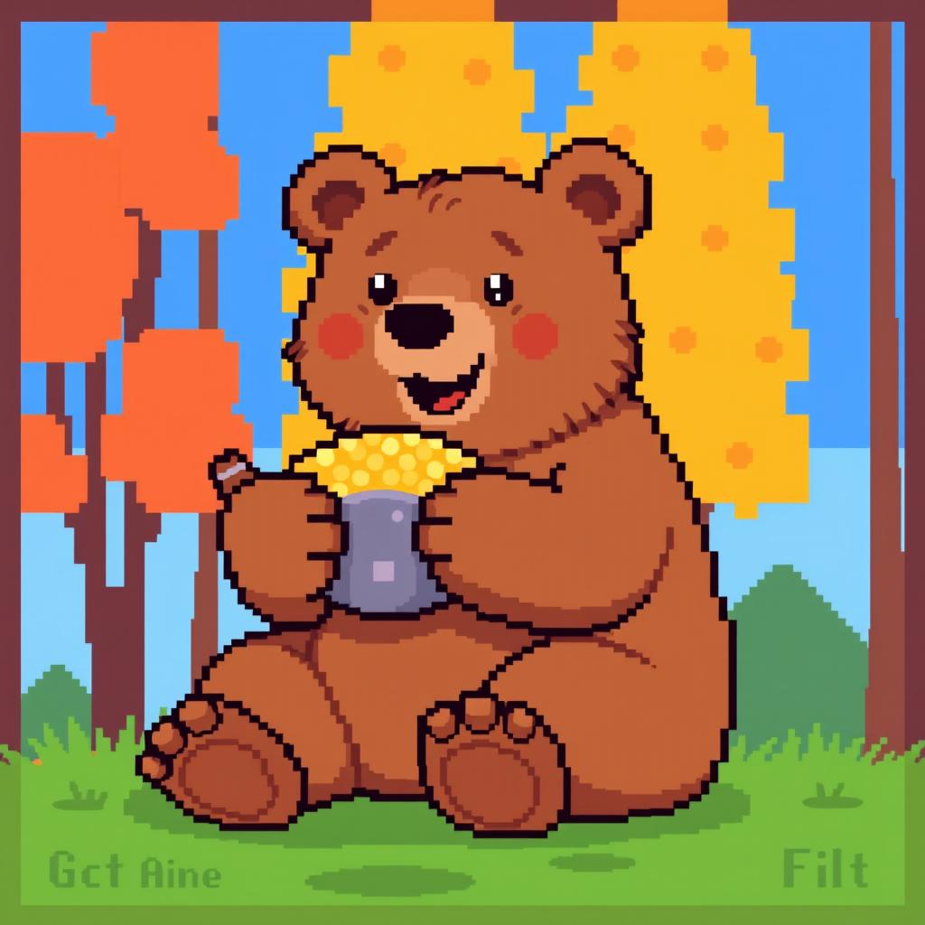 8-bit pixel art of a bear eating food