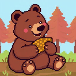 8-bit pixel art of a bear eating food