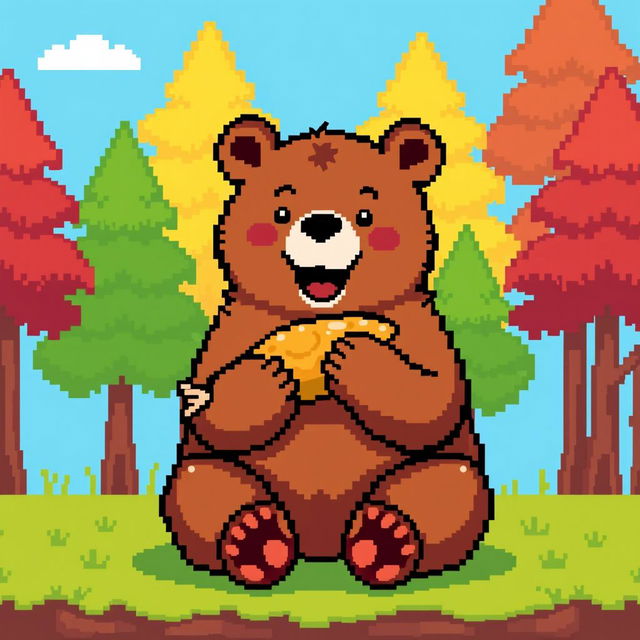 8-bit pixel art of a bear eating food