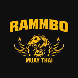 T-shirt design featuring the word "RAMBO" in gold lettering, accompanied by a Muay Thai logo