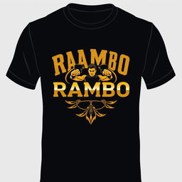 T-shirt design featuring the word "RAMBO" in gold lettering, combined with a striking Muay Thai logo