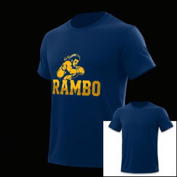 T-shirt design featuring the word "RAMBO" in gold lettering, combined with a striking Muay Thai logo