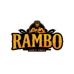 T-shirt design featuring the word "RAMBO" in gold lettering, combined with a striking Muay Thai logo