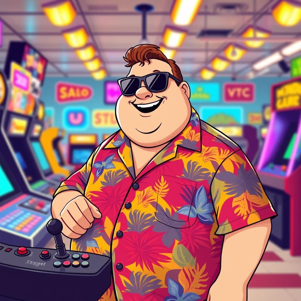 Retro style pixel art of a fat guy wearing a colorful Hawaiian shirt, black sunglasses, and a big smile