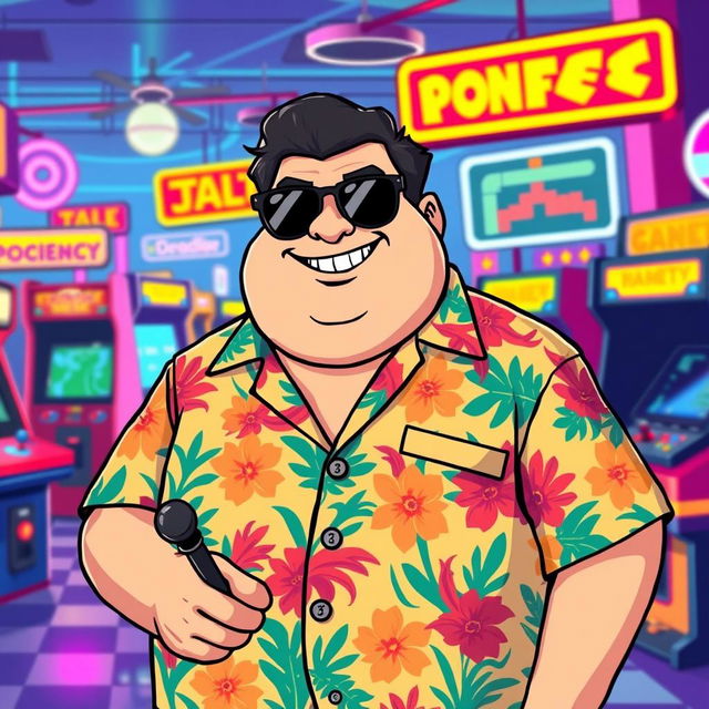 Retro style pixel art of a fat guy wearing a colorful Hawaiian shirt, black sunglasses, and a big smile