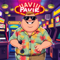 Retro style pixel art of a fat guy wearing a colorful Hawaiian shirt, black sunglasses, and a big smile