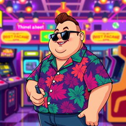 Retro style pixel art of a fat guy wearing a colorful Hawaiian shirt, black sunglasses, and a big smile