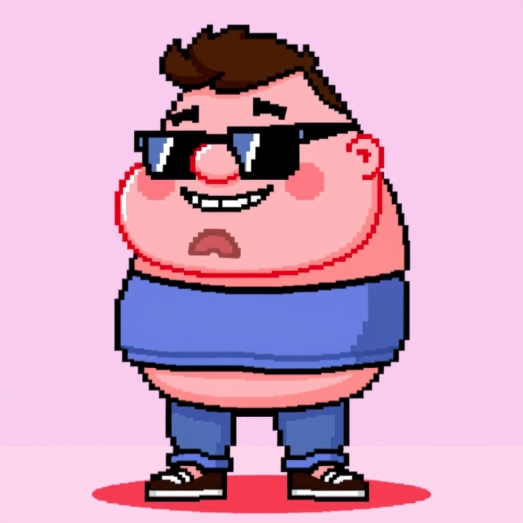 Pixel art of a fat man wearing black glasses, depicted in an 8-bit style