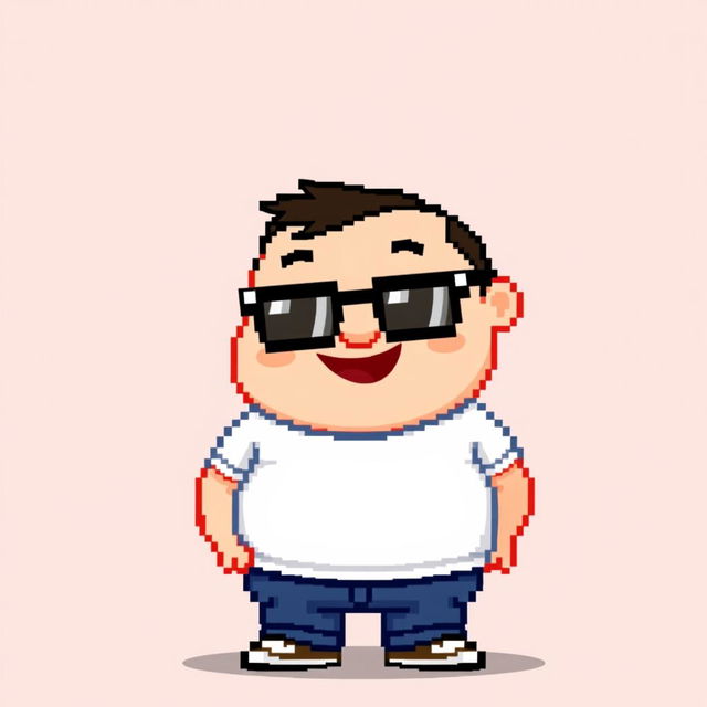 Pixel art of a fat man wearing black glasses, depicted in an 8-bit style