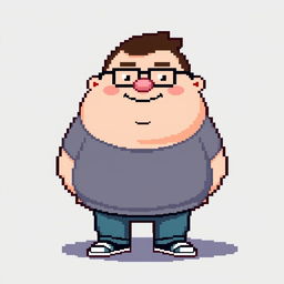 Pixel art of a fat man wearing black glasses, depicted in an 8-bit style