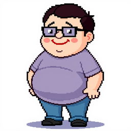 Pixel art of a fat man wearing black glasses, depicted in an 8-bit style