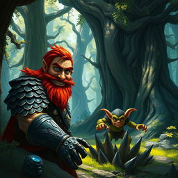 In a fantastical Dungeons & Dragons forest setting, a ruddy tan, red-haired male rock gnome artificer with striking sapphire-blue eyes and a red beard and mustache, clad in intricately designed scale armor, grins maniacally as he watches a goblin tumble into a cleverly concealed spike pit trap