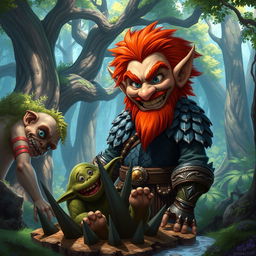 In a fantastical Dungeons & Dragons forest setting, a ruddy tan, red-haired male rock gnome artificer with striking sapphire-blue eyes and a red beard and mustache, clad in intricately designed scale armor, grins maniacally as he watches a goblin tumble into a cleverly concealed spike pit trap