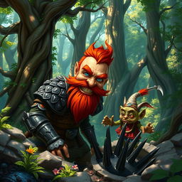 In a fantastical Dungeons & Dragons forest setting, a ruddy tan, red-haired male rock gnome artificer with striking sapphire-blue eyes and a red beard and mustache, clad in intricately designed scale armor, grins maniacally as he watches a goblin tumble into a cleverly concealed spike pit trap