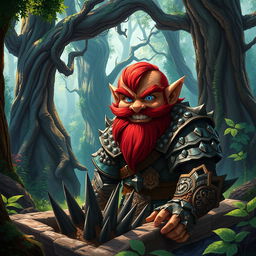 In a fantastical Dungeons & Dragons forest setting, a ruddy tan, red-haired male rock gnome artificer with striking sapphire-blue eyes and a red beard and mustache, clad in intricately designed scale armor, grins maniacally as he watches a goblin tumble into a cleverly concealed spike pit trap