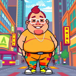 pixel art of a fat guy with white glasses, wearing a bright and colorful outfit, smiling and standing in a pixelated city background