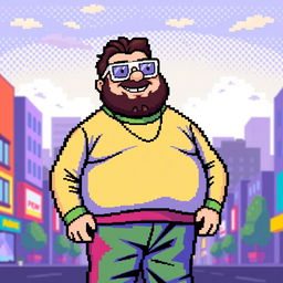 pixel art of a fat guy with white glasses, wearing a bright and colorful outfit, smiling and standing in a pixelated city background