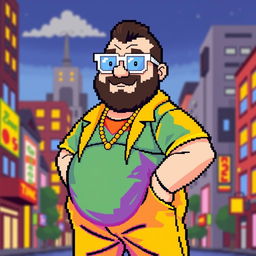 pixel art of a fat guy with white glasses, wearing a bright and colorful outfit, smiling and standing in a pixelated city background