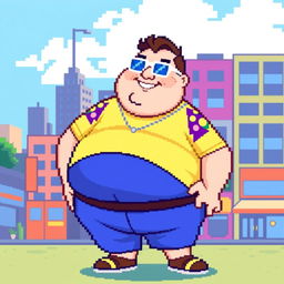 pixel art of a fat guy with white glasses, wearing a bright and colorful outfit, smiling and standing in a pixelated city background