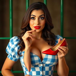 A gorgeous brunette woman in a close-up torso shot, wearing a blue and white checkered dress that accentuates her large chest and shows some cleavage