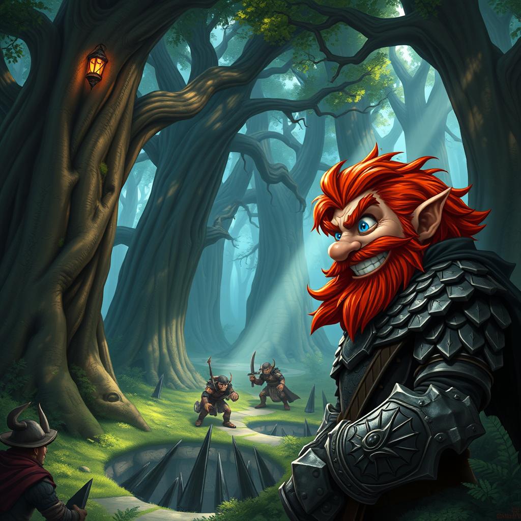 In a fantastical Dungeons & Dragons forest setting, a ruddy tan, red-haired male rock gnome artificer with striking sapphire-blue eyes, a red beard, and mustache is wearing intricately designed scale armor