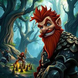 In a fantastical Dungeons & Dragons forest setting, a ruddy tan, red-haired male rock gnome artificer with striking sapphire-blue eyes, a red beard, and mustache is wearing intricately designed scale armor