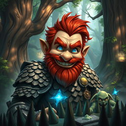 In a fantastical Dungeons & Dragons forest setting, a ruddy tan, red-haired male rock gnome artificer with striking sapphire-blue eyes, a red beard, and mustache is wearing intricately designed scale armor