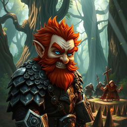 In a fantastical Dungeons & Dragons forest setting, a ruddy tan, red-haired male rock gnome artificer with striking sapphire-blue eyes, a red beard, and mustache is wearing intricately designed scale armor