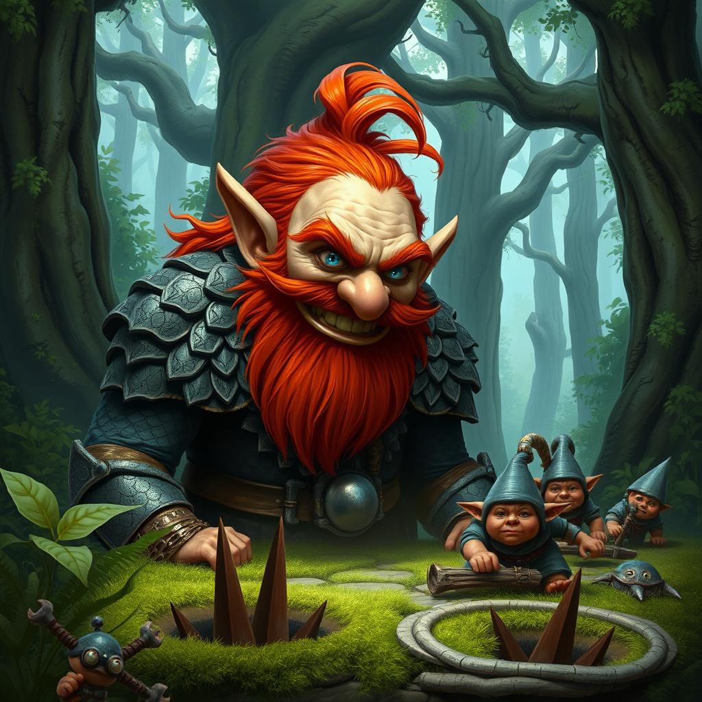 In a fantastical Dungeons & Dragons forest setting, a ruddy tan, red-haired male rock gnome artificer with striking sapphire-blue eyes, a red beard, and mustache is wearing intricately designed scale armor