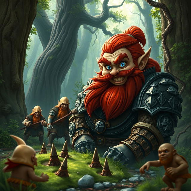 In a fantastical Dungeons & Dragons forest setting, a ruddy tan, red-haired male rock gnome artificer with striking sapphire-blue eyes, a red beard, and mustache is wearing intricately designed scale armor