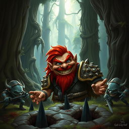 In a fantastical Dungeons & Dragons forest setting, a ruddy tan, red-haired male rock gnome artificer with striking sapphire-blue eyes, a red beard, and mustache is wearing intricately designed scale armor