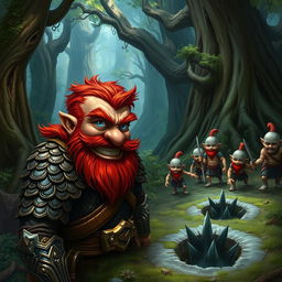 In a fantastical Dungeons & Dragons forest setting, a ruddy tan, red-haired male rock gnome artificer with striking sapphire-blue eyes, a red beard, and mustache is wearing intricately designed scale armor