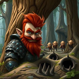 In a fantastical Dungeons & Dragons forest setting, a ruddy tan, red-haired male rock gnome artificer with striking sapphire-blue eyes and a red beard and mustache, wears elaborately designed scale armor