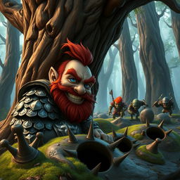 In a fantastical Dungeons & Dragons forest setting, a ruddy tan, red-haired male rock gnome artificer with striking sapphire-blue eyes and a red beard and mustache, wears elaborately designed scale armor