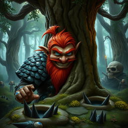 In a fantastical Dungeons & Dragons forest setting, a ruddy tan, red-haired male rock gnome artificer with striking sapphire-blue eyes and a red beard and mustache, wears elaborately designed scale armor