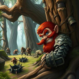 In a fantastical Dungeons & Dragons forest setting, a ruddy tan, red-haired male rock gnome artificer with striking sapphire-blue eyes and a red beard and mustache, wears elaborately designed scale armor