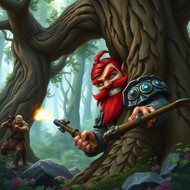 In a fantastical Dungeons & Dragons forest setting, a ruddy tan, red-haired male rock gnome artificer with striking sapphire-blue eyes and a red beard and mustache, adorned in intricately crafted scale armor, grins maniacally while hiding behind a large, ancient tree